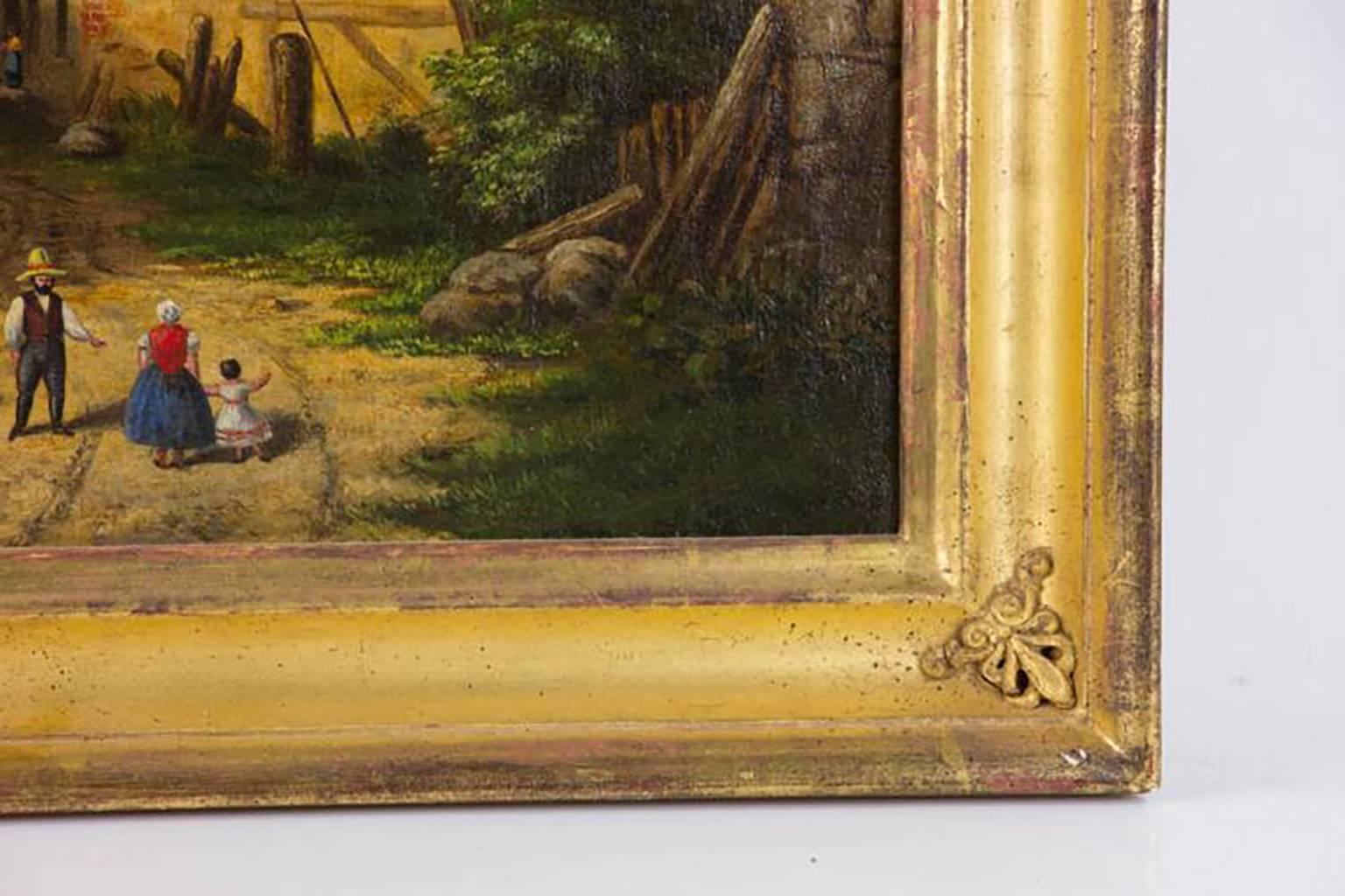 Very Nice Oil Painting by American Artist Samuel S. Kilburn, Jr. (19th century)  Entitled “Armenian Village”  Dated 1849   Oil on Canvas  Marked on verso “S.S. Kilburn Jr., 1849″  Housed in a beautiful antique gold gilded wood frame  Measures 18