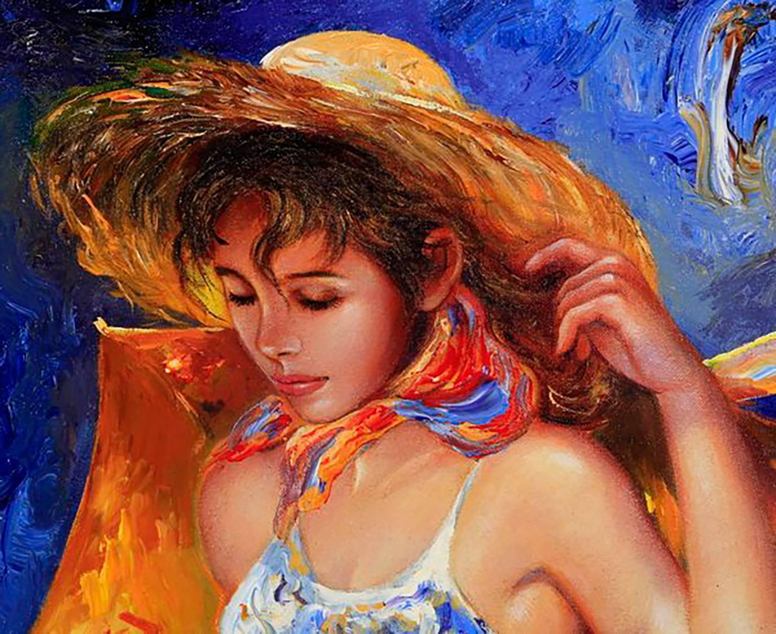Beautiful Oil Painting  American School  Entitled “Woman in a Sun Hat” - Brown Portrait Painting by Unknown