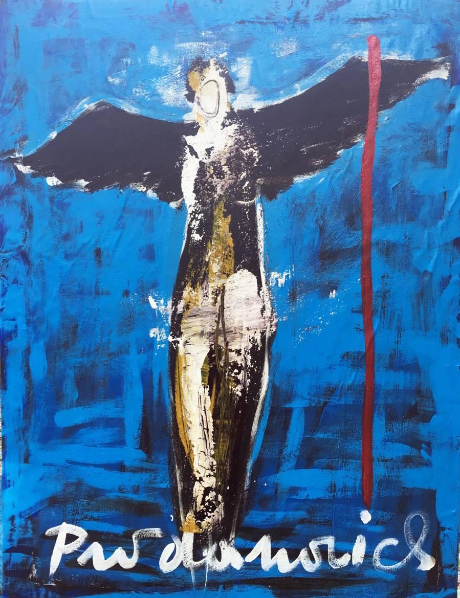 Black Angel on Blue - Mixed Media Art by Vladimir Prodanovich
