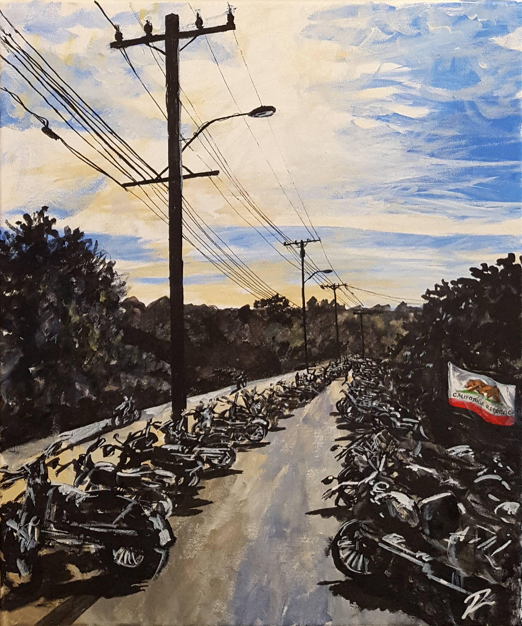 David Downes Landscape Painting - Bikes at Cook's Corner