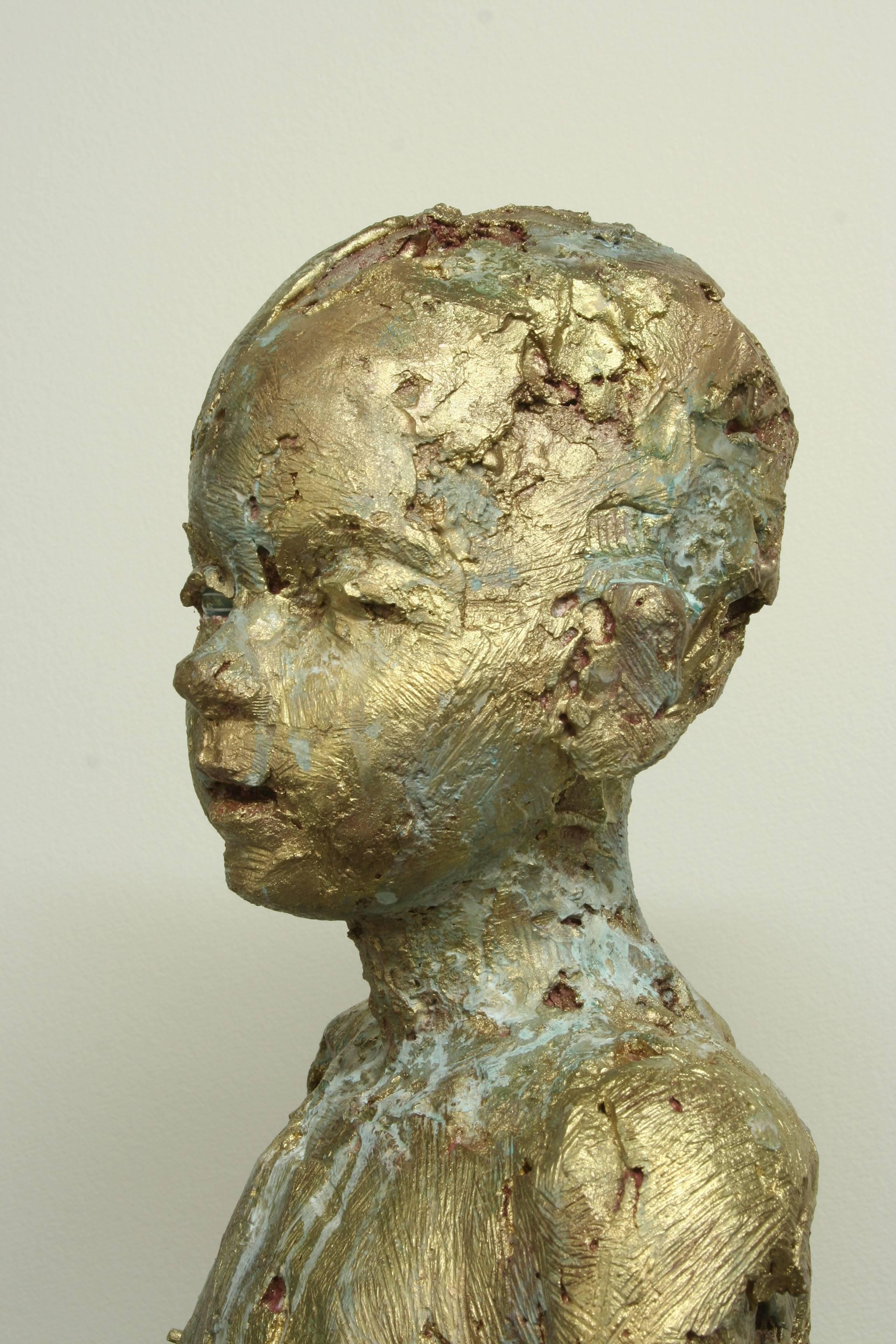 Changeling, a unique sculpture modeled in direct plaster and patinated a pale, golden color, explores the fleeting nature of childhood.
