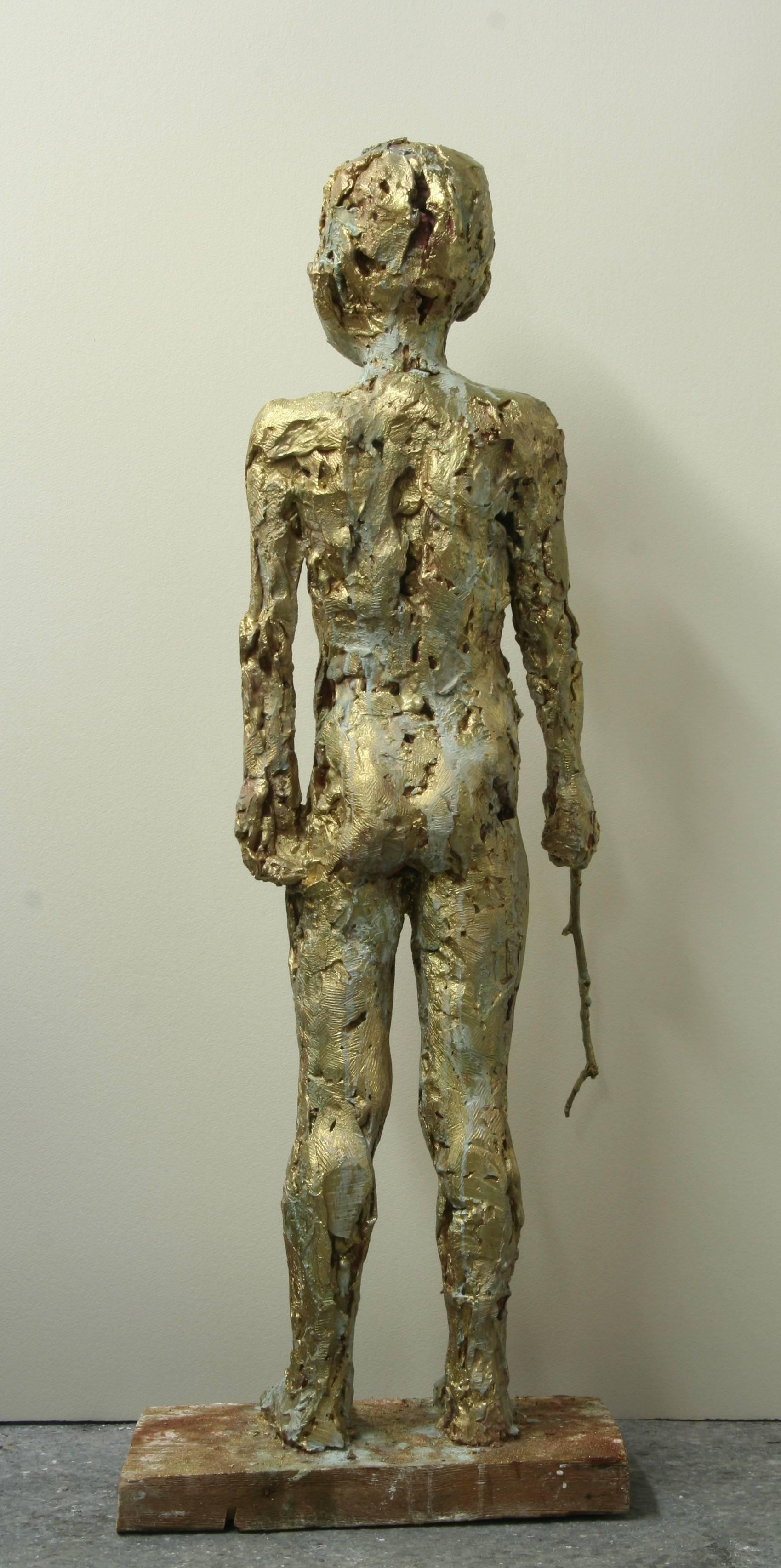 Changeling, a unique sculpture modeled in direct plaster and patinated a pale, golden color, explores the fleeting nature of childhood.