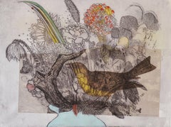 Flowers in Vase: Blue Vase and a bird