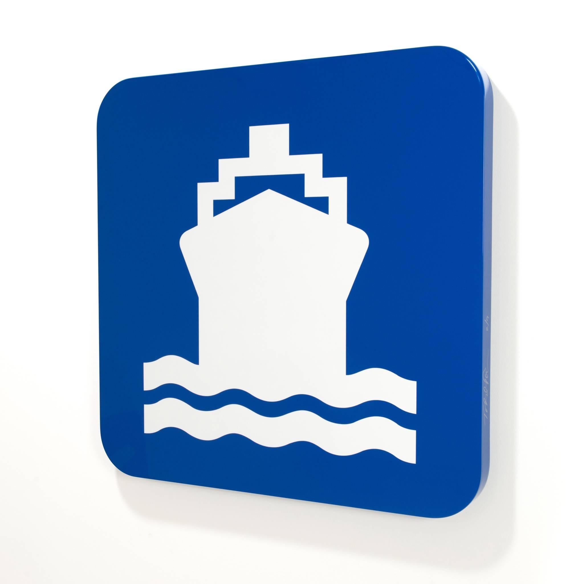 Todd Pierce
Royal Blue Cruise Ship 
2016
Sign Plaque/ Installation  
27 x 27 x 1.76 

Todd Pierce is inspired by Andy Warhol, who taught us through his silk-screened images of Campbell Soup cans back in 1962, that objects of our popular culture can