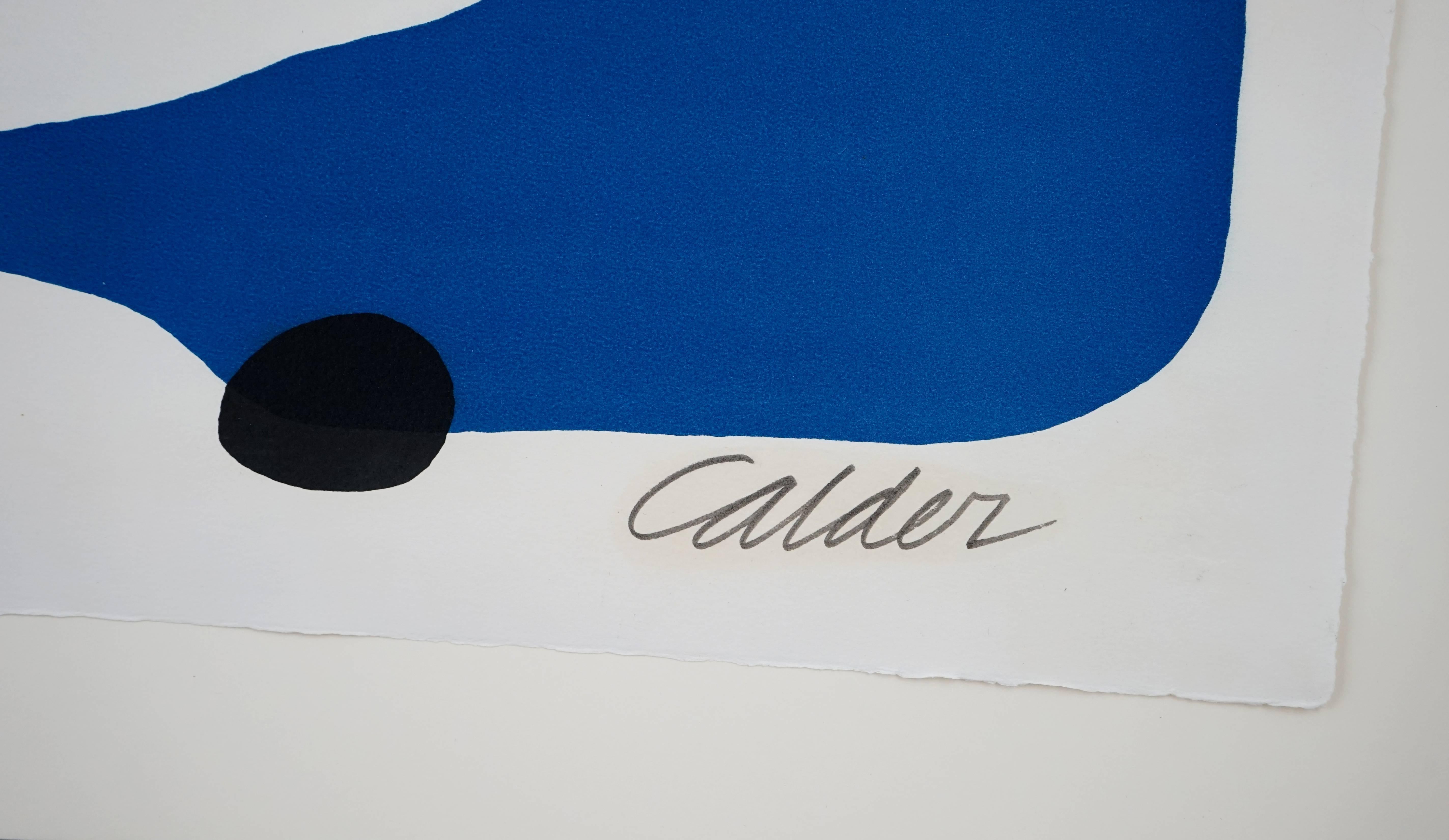 Artist: Alexander Calder
Title: Composition (Blue Boomerang with Red, Black and Yellow Shapes)
Year: 1962
Medium: Lithograph
Signed lower right, Calder. Editioned number 79/100 lower margin.
Dimensions: Paper: 19.75 in x 25.5 in
Framed dimensions: