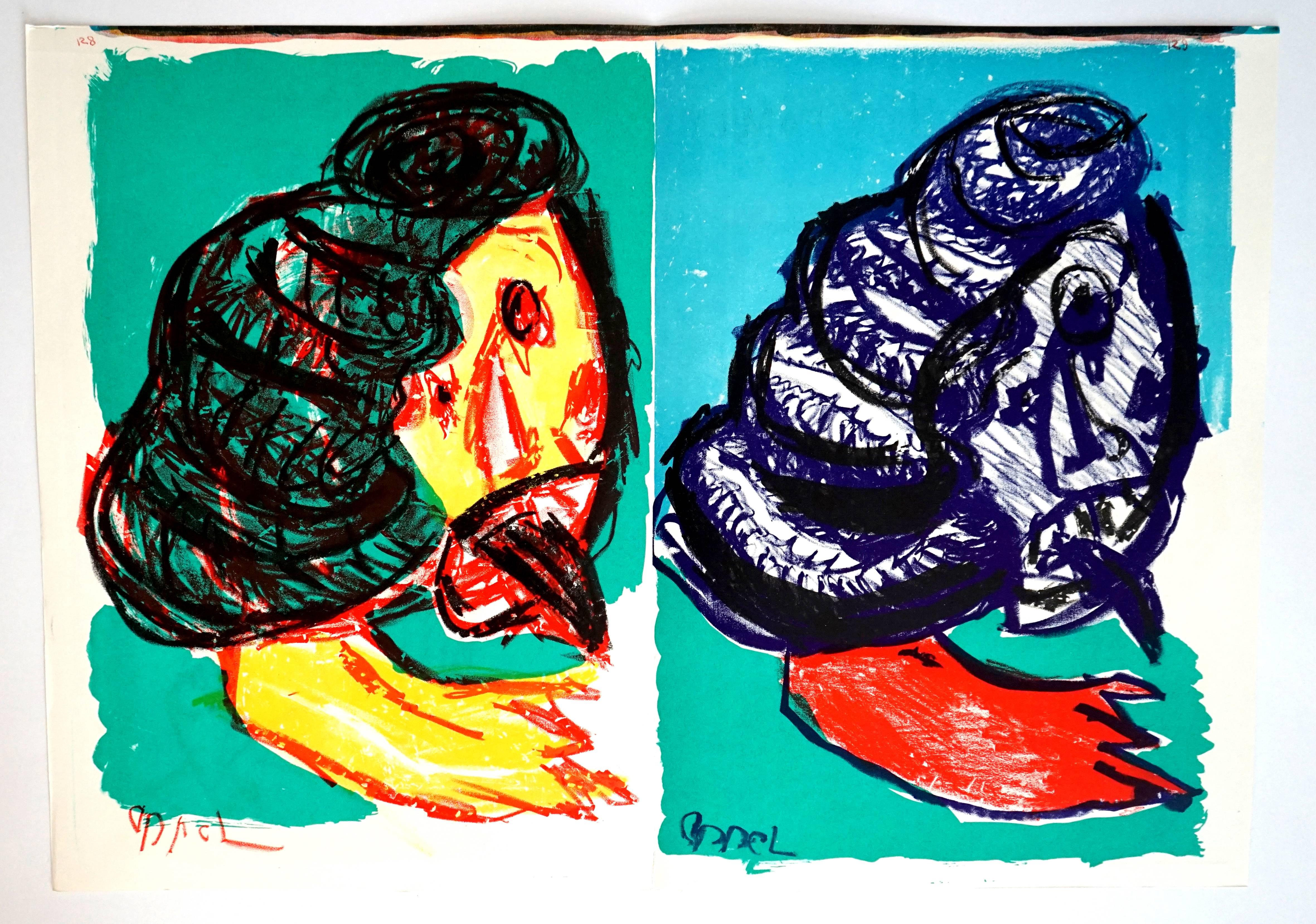 Karel Appel Portrait Print - "Untitled": Double Lithograph from One Cent Life