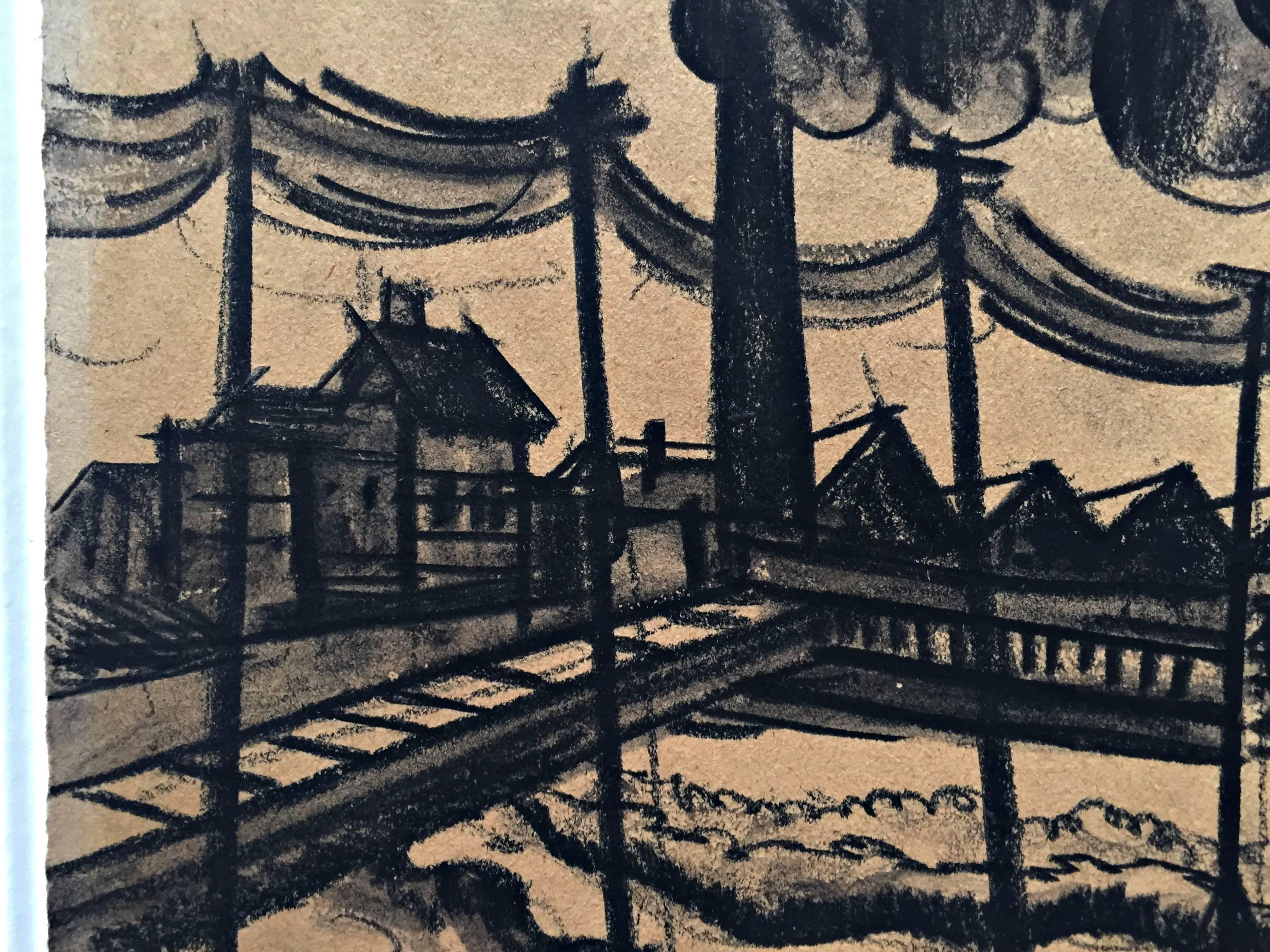 Industrial landscape - Beige Landscape Art by Hugó Scheiber