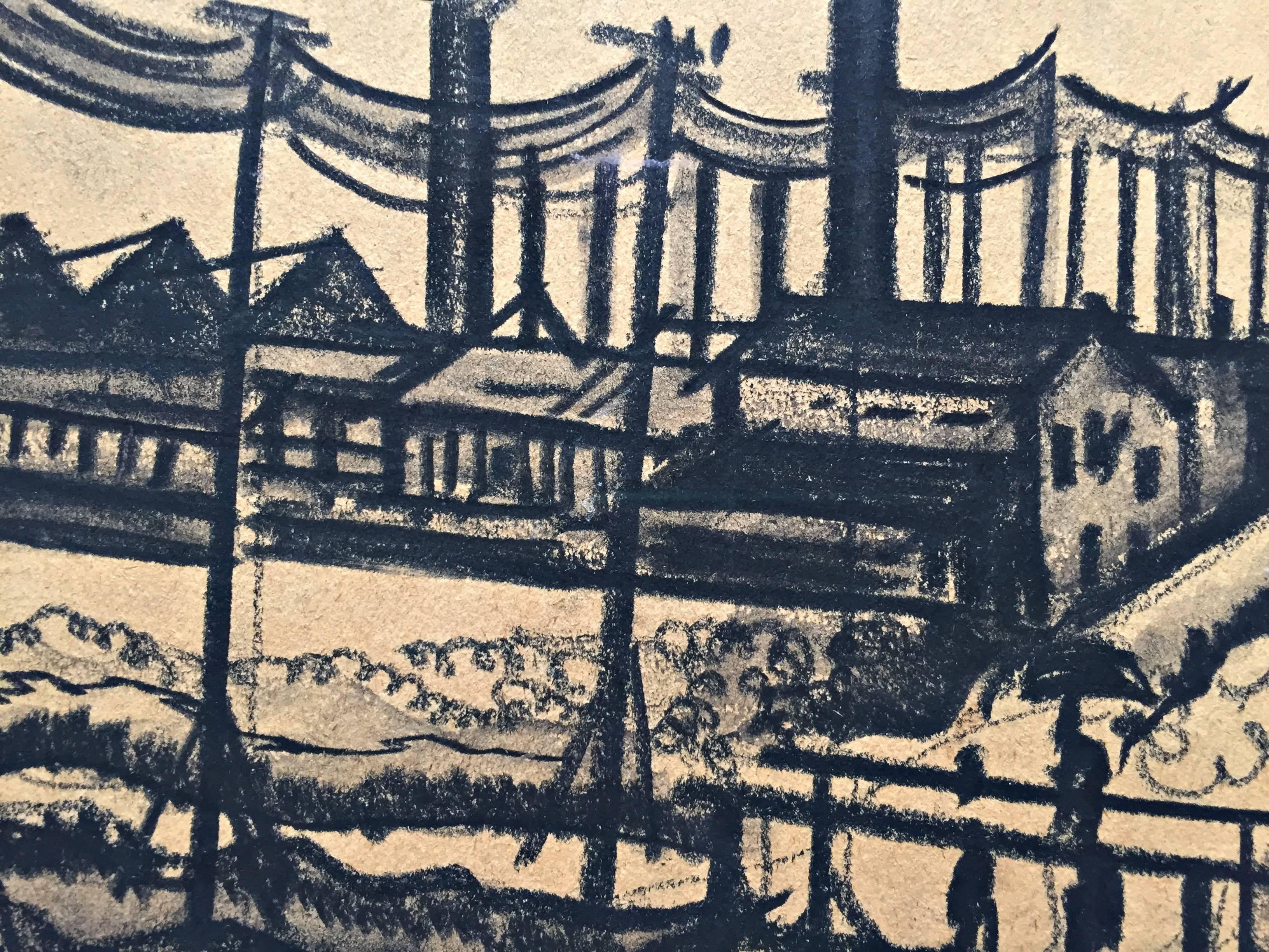 Charcoal on paper
Hand signed in the middle (hard to see)
Sheet: 25 x 35 cm
Frame: 46.5 x 56.5 cm
Provenance:
Exhibition Catalogue Altstadt Galerie Wiesbaden, 1995

Handmade frame, framed under acid free Passepartout and Museum glass
 
Hugó Scheiber