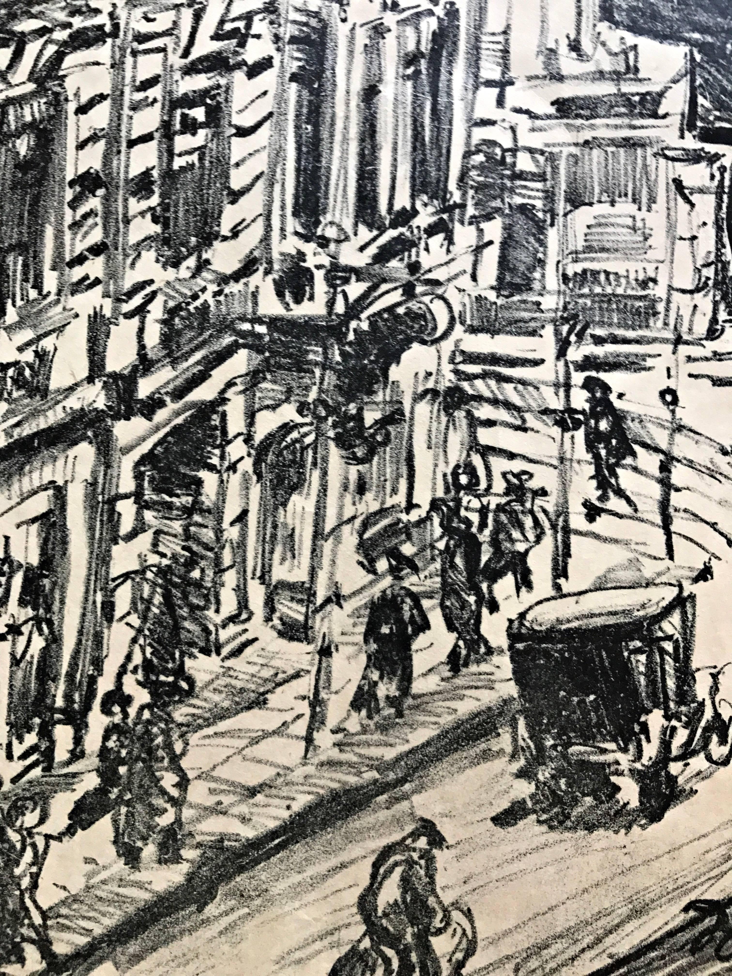 Strasse mit Fahrzeugen und Passanten - Expressionist Print by Ludwig Meidner