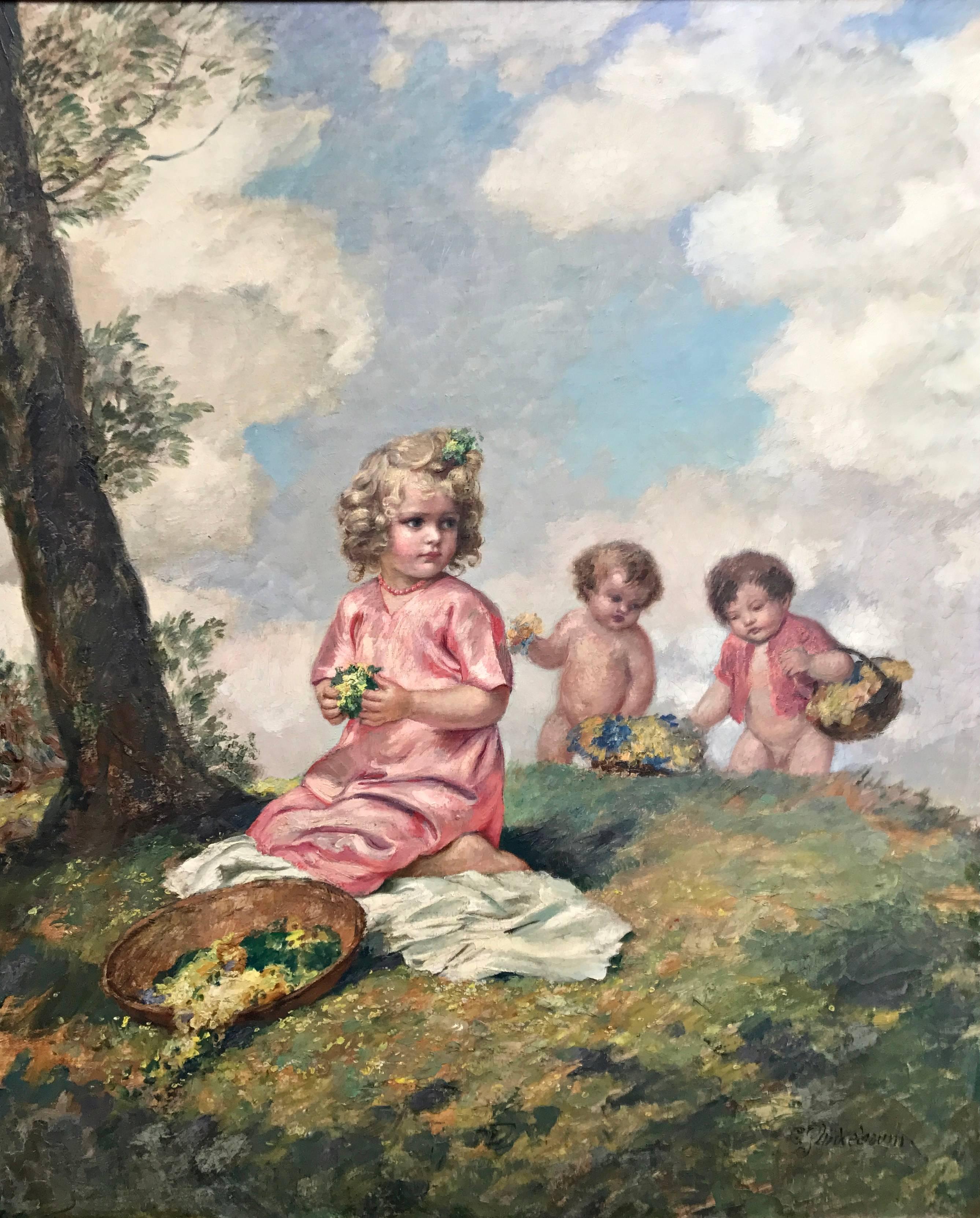 Flowerpodding children - Painting by Carl Plückebaum