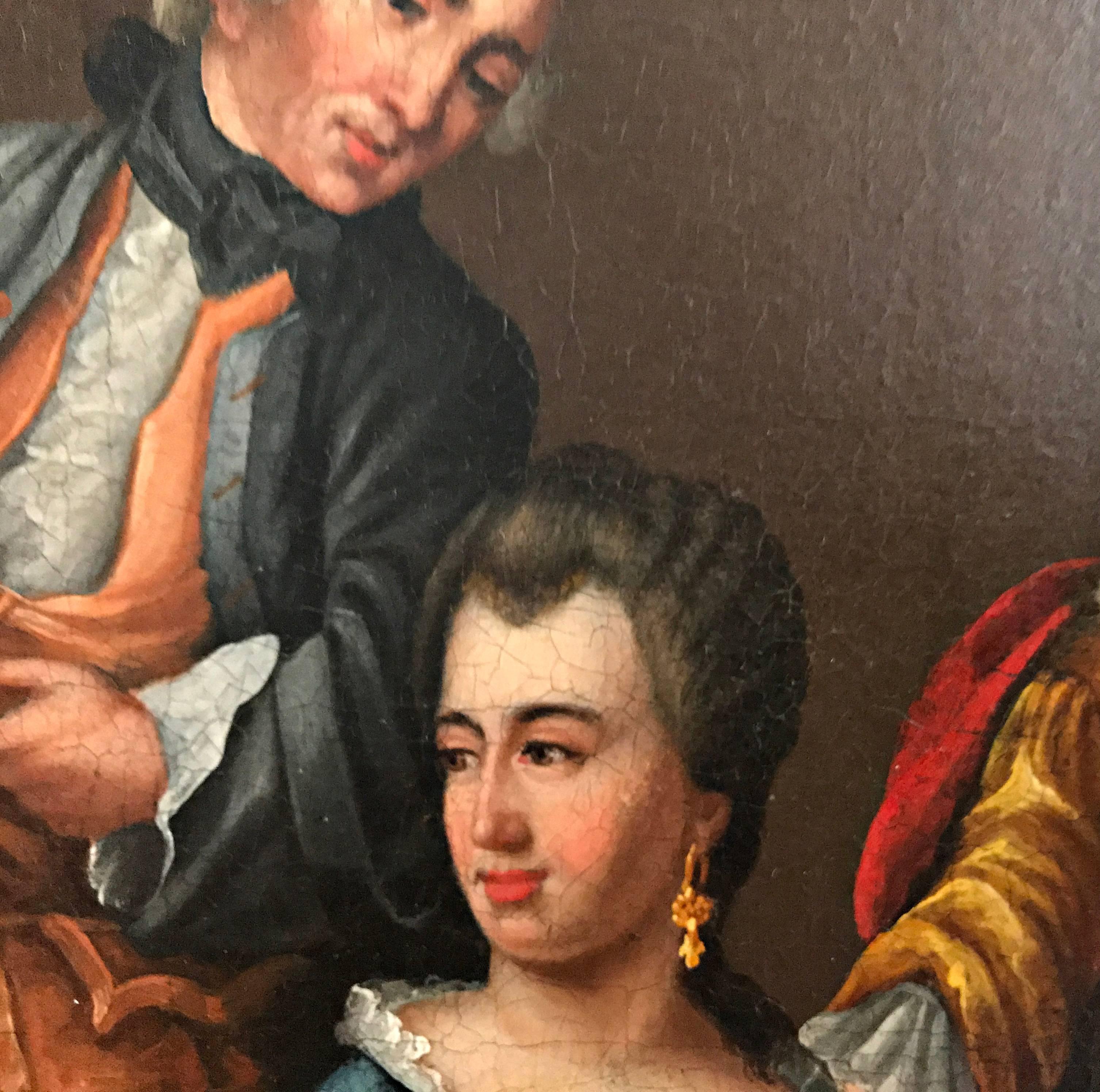 Fine painting oil on canvas (relined) showing a dinner party. As a central motive on the table a big celery to which an aphrodisiac effect is attributed. No one looks on the celery, the men on the left shows on his riffle. The men on the right shows