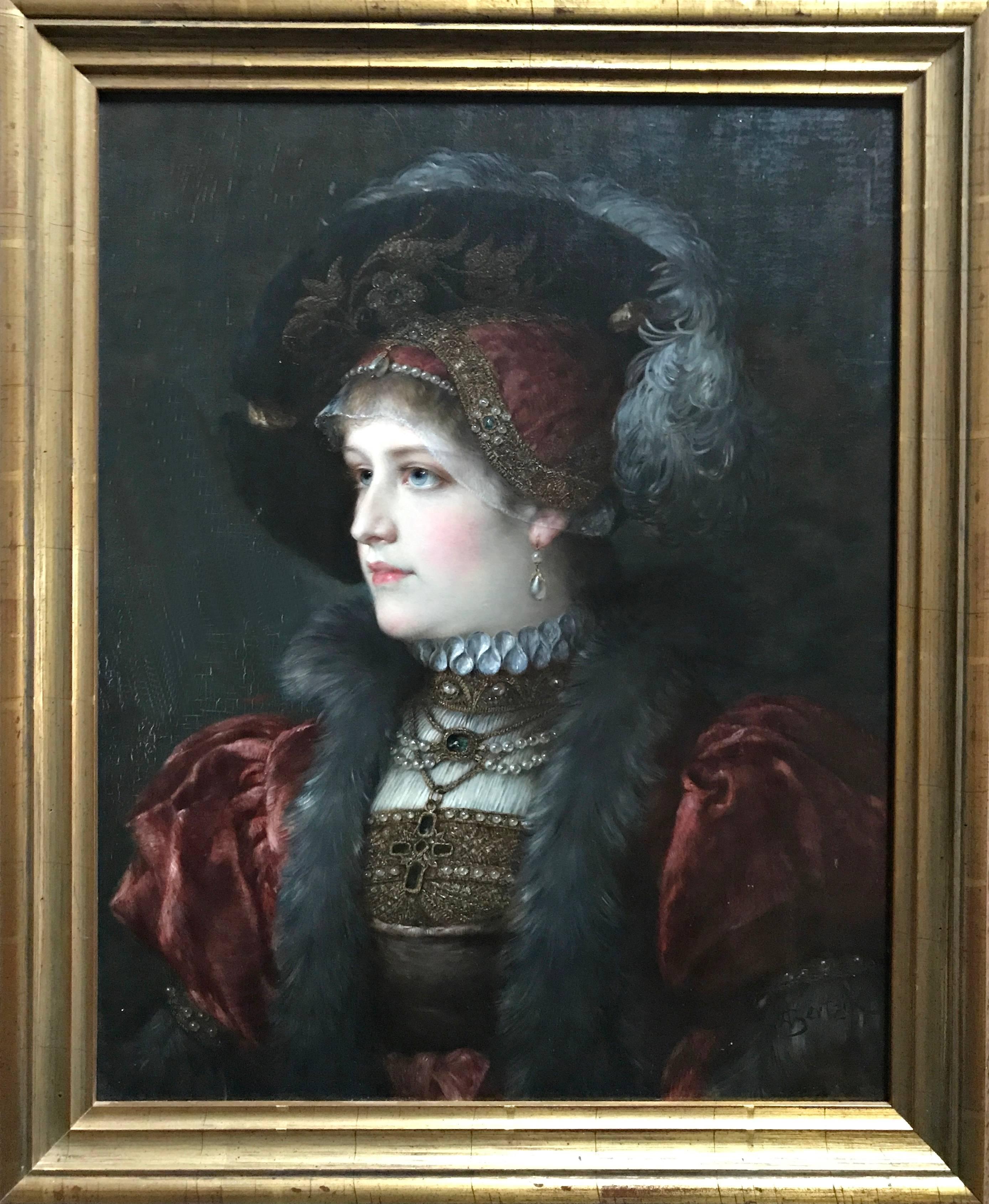 Portrait of a Lady in an elegant costume - Painting by Anton Bertzig