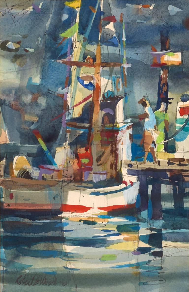 Robert E. Wood Landscape Painting - Untitled (Boats with Flags)