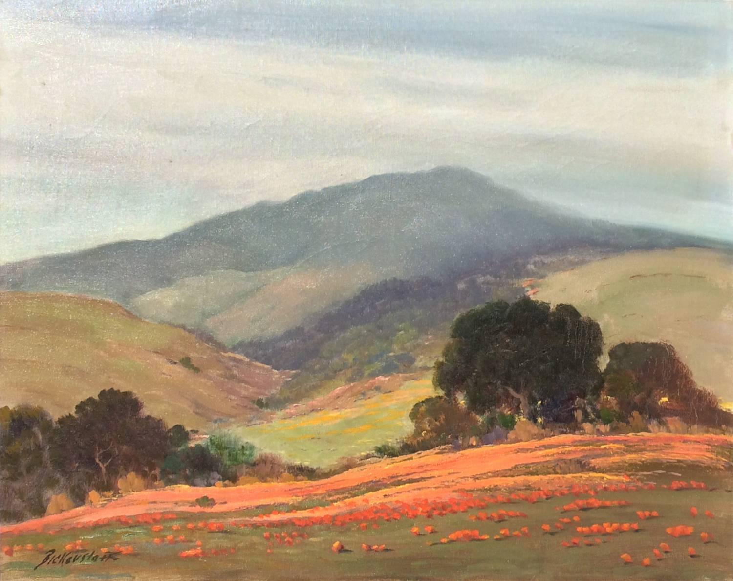 Untitled (California Landscape with Oaks and Poppies) - Painting by George Sanders Bickerstaff