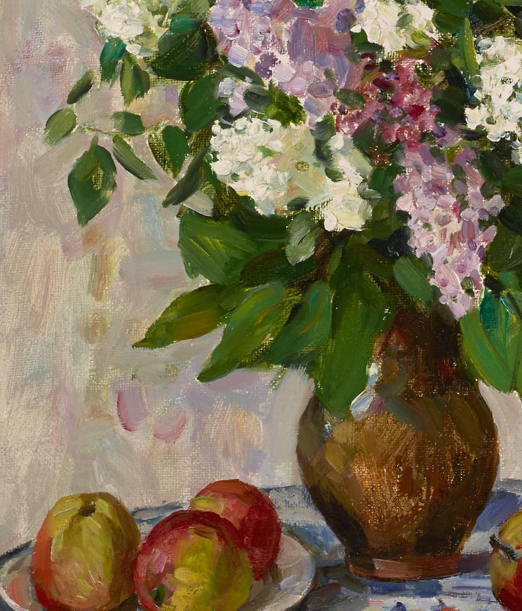 Lilas en jarrón, 1970 - Still-Life Painting Marrón de Boris Mikhailovich Lavrenko