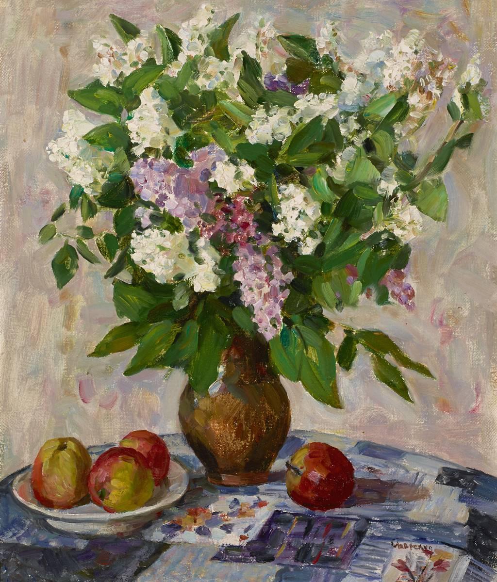 Lilas en jarrón, 1970 - Painting de Boris Mikhailovich Lavrenko