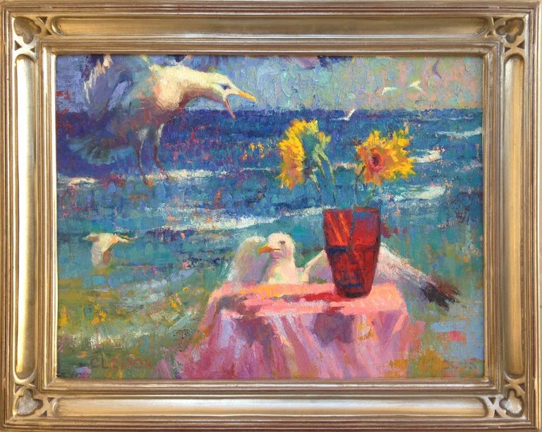 Christopher Cook Landscape Painting - Seagulls and Shattered Sun; Malibu