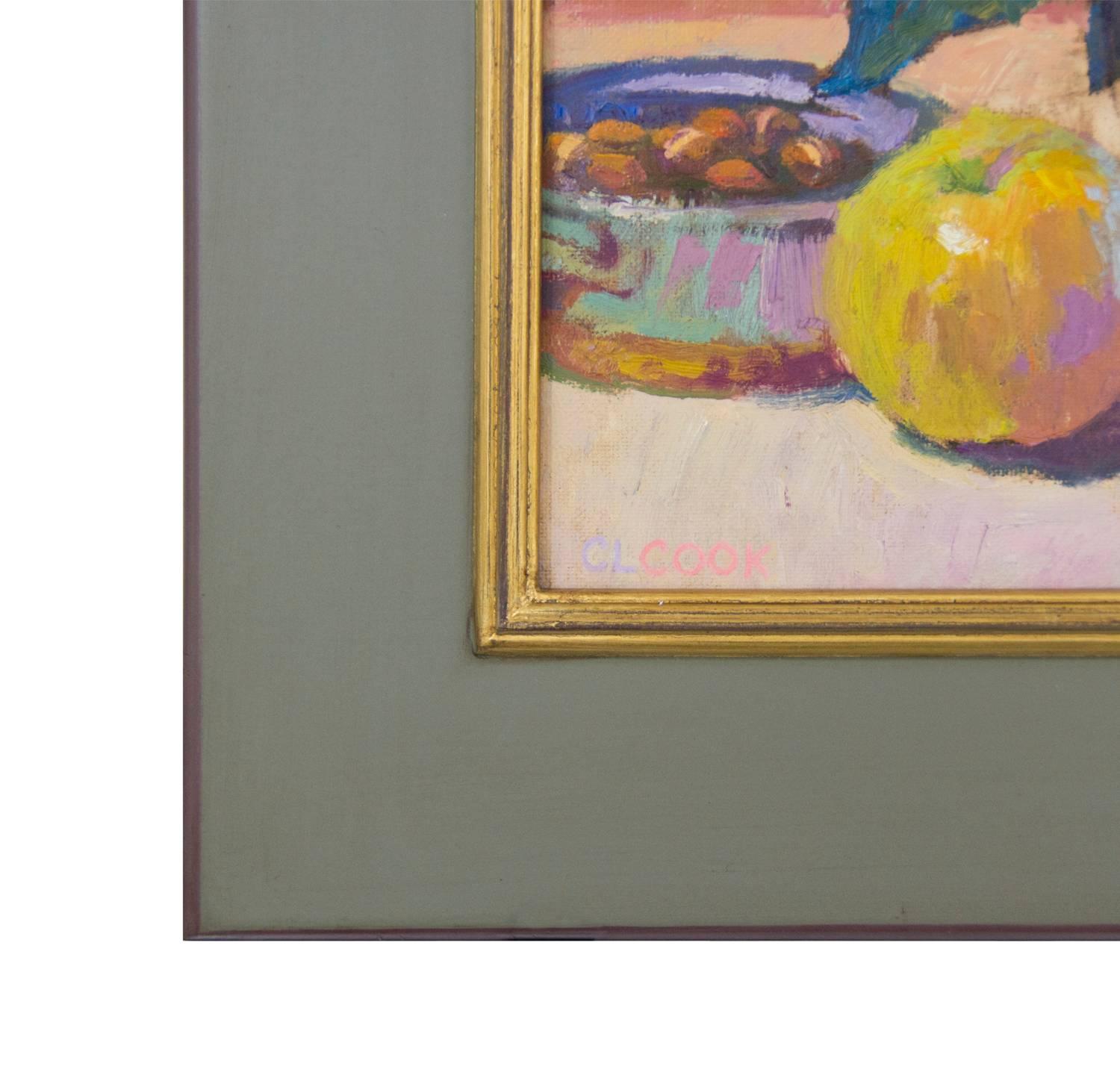 Cool Winter in Rot und Gold (Pink), Still-Life Painting, von Christopher Cook