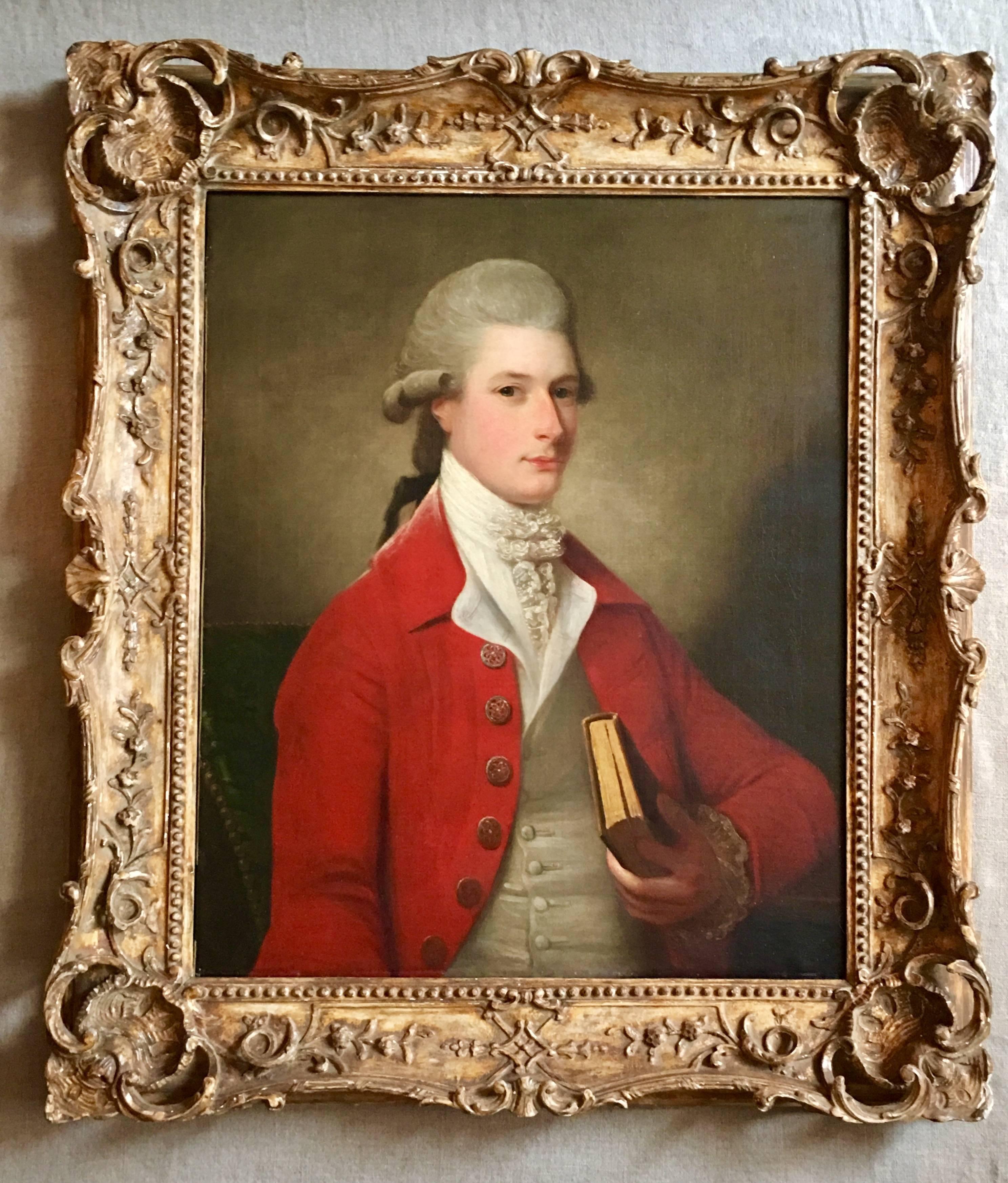 Portrait of Sir Archibald Seton Half-Length Wearing a Red Coat, Holding a Book. - Painting by David Martin