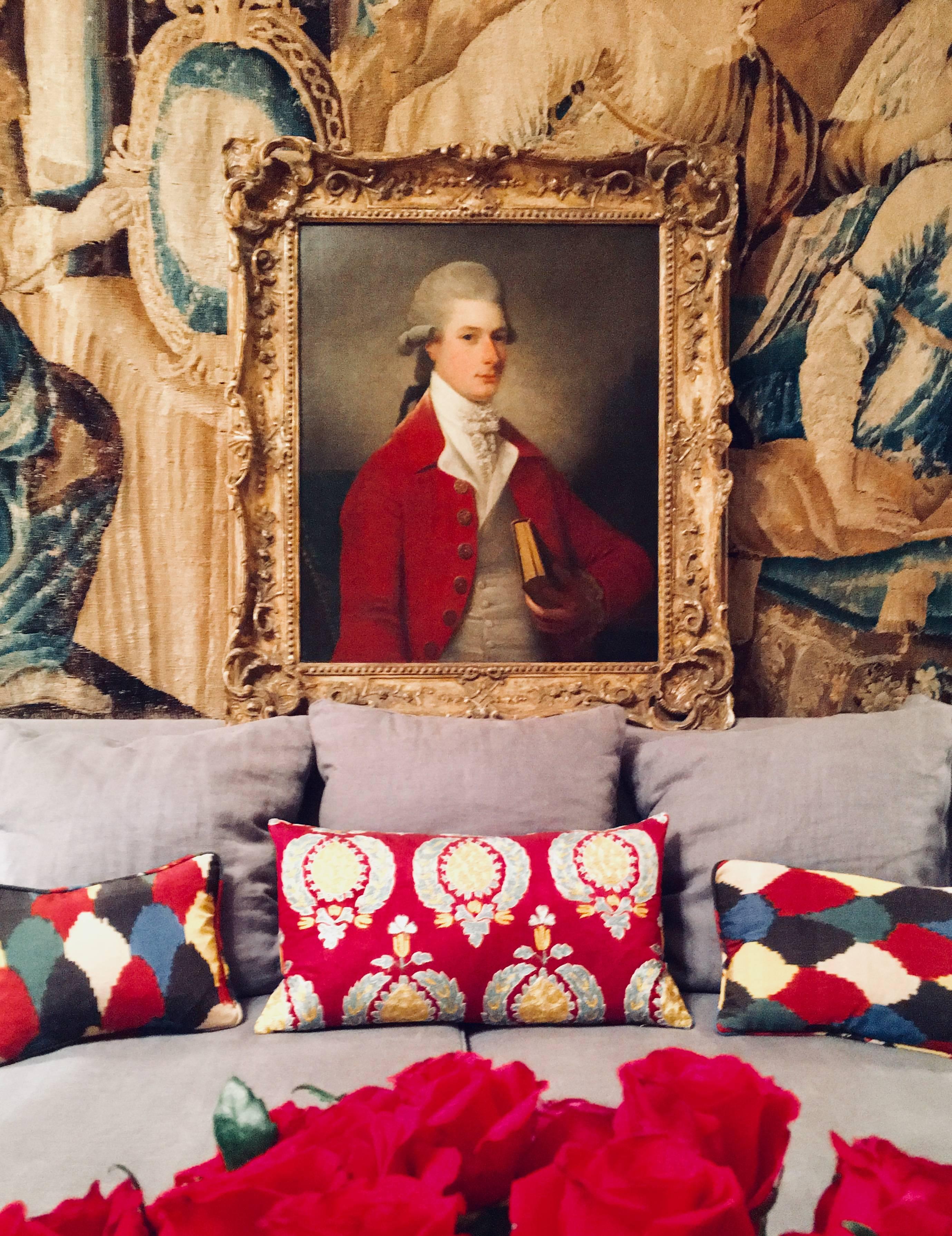 Portrait of Sir Archibald Seton Half-Length Wearing a Red Coat, Holding a Book. - Black Portrait Painting by David Martin