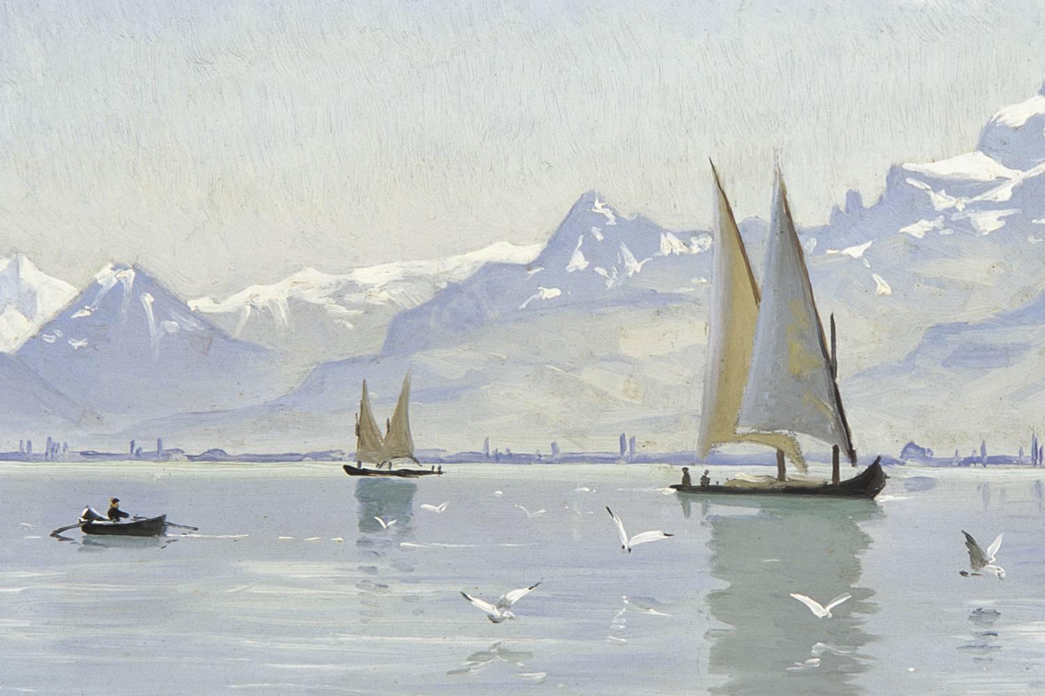 View of Lake Vevey - Realist Painting by Peder Mørk Mønsted