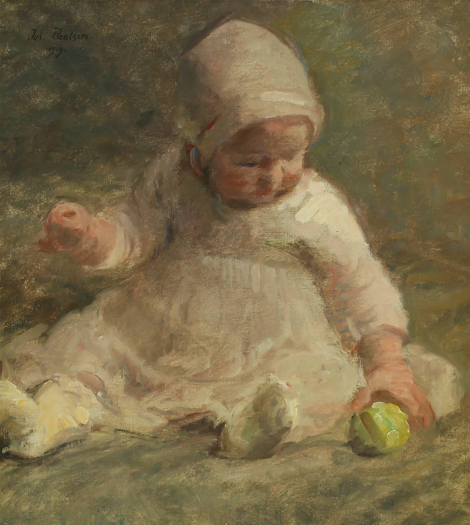 Julius Paulsen Portrait Painting - A Little Girl is Playing with a Green Apple