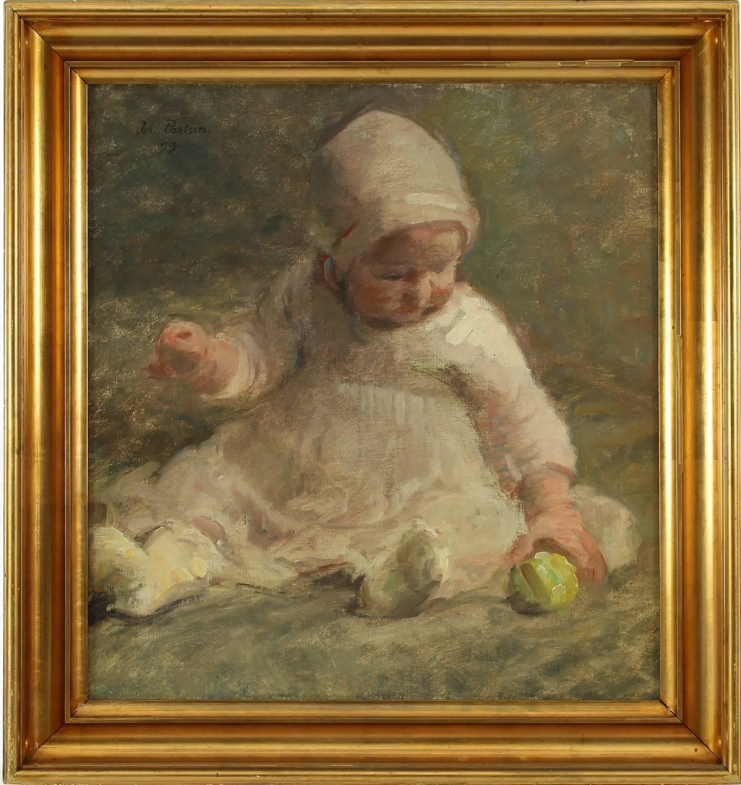 A Little Girl is Playing with a Green Apple - Painting by Julius Paulsen
