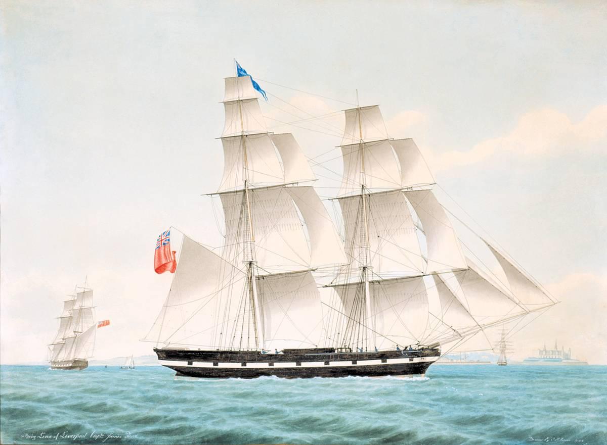 Brig Lena of Liverpool off Kronborg in 3 Positions - Art by Jakob Petersen