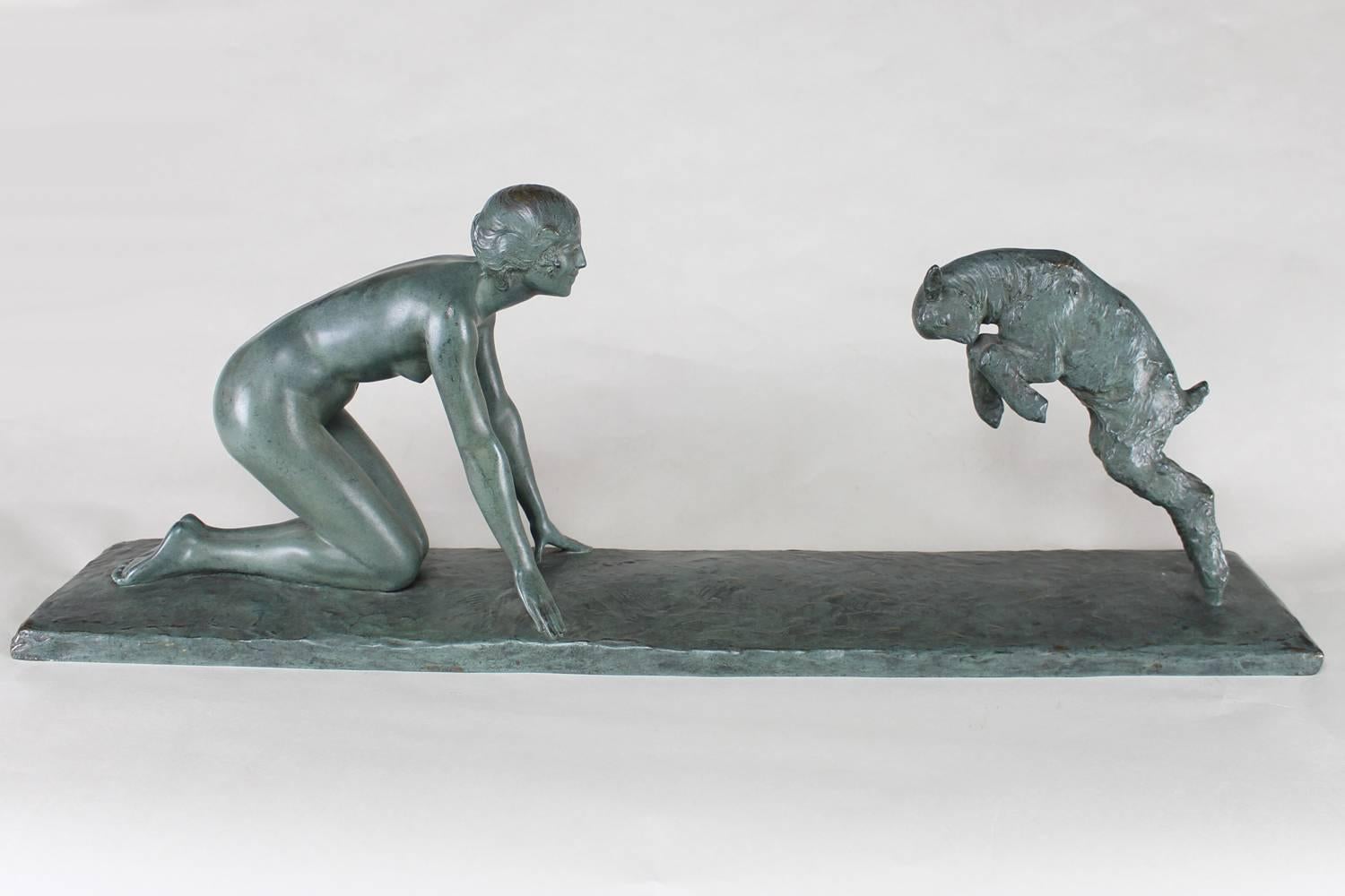 A Bronze group of a Girl and a Goat - Sculpture by Victor Silvestre