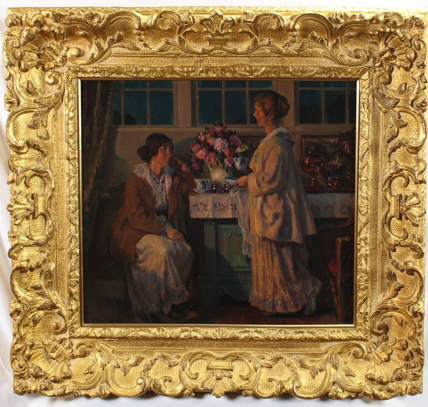 Two Ladies Drinking Tea - Painting by Viggo Christien Frederik Vilhelm Pedersen