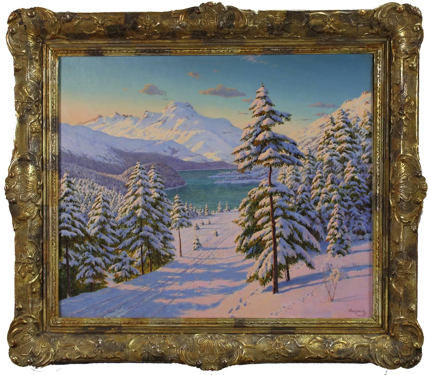 Winter Landscape with a Lake - Painting by Boris Bessonof