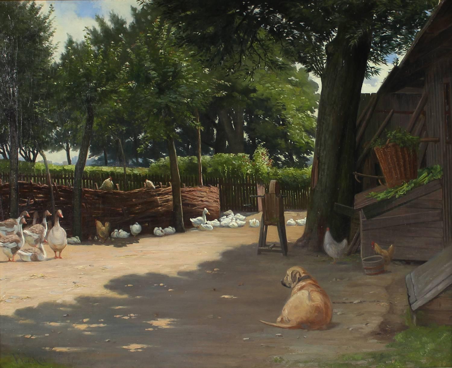 Herman Friedrich Funch Animal Painting - A Dog Is Keeping An Eye On The Geese