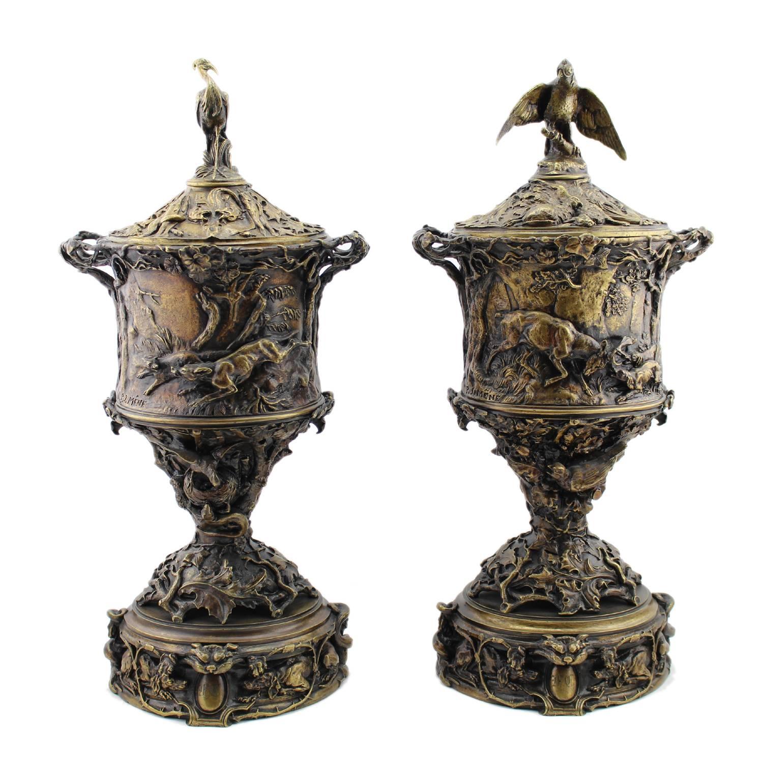 Pierre Jules Mêne Figurative Sculpture - Pair of rare bronze urns