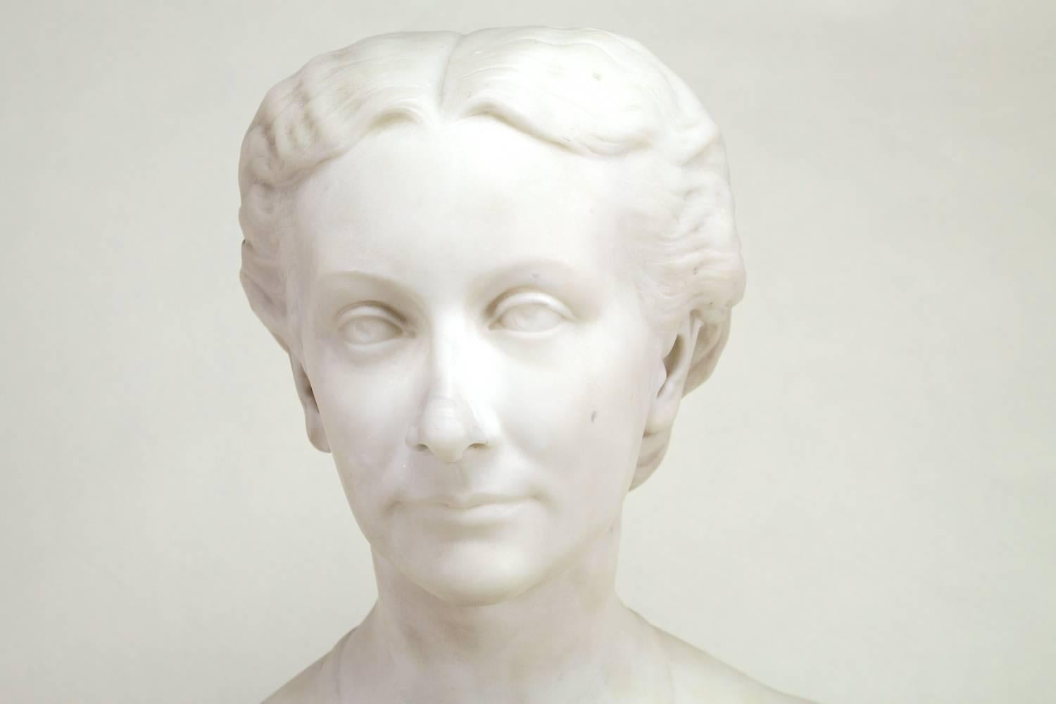 Marble bust of Mrs. Martha Maria Molyneux (wife of W.H. Molyneux 1797-1868), dated 1866, small chips and a repair to the nose, signed and dated on back 