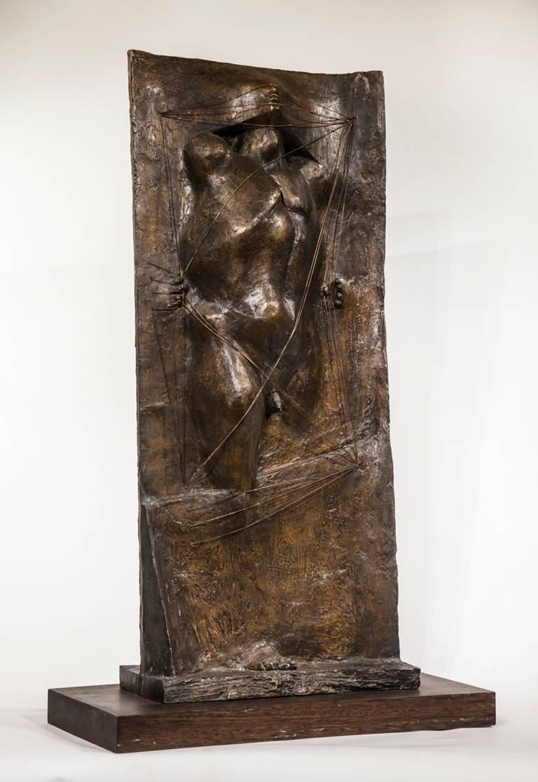 Emerging Figure Trptych - Gold Figurative Sculpture by Michael Ayrton