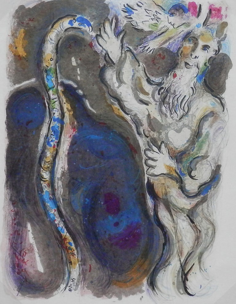 Marc Chagall Figurative Print - God Turns Moses' Staff into a Serpent