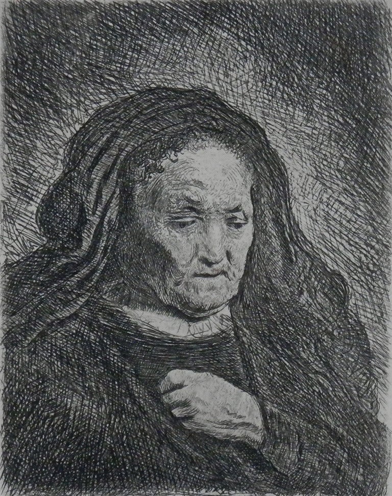 The Artist's Mother with her Hand on her Chest: Small Bust - Print by Rembrandt van Rijn