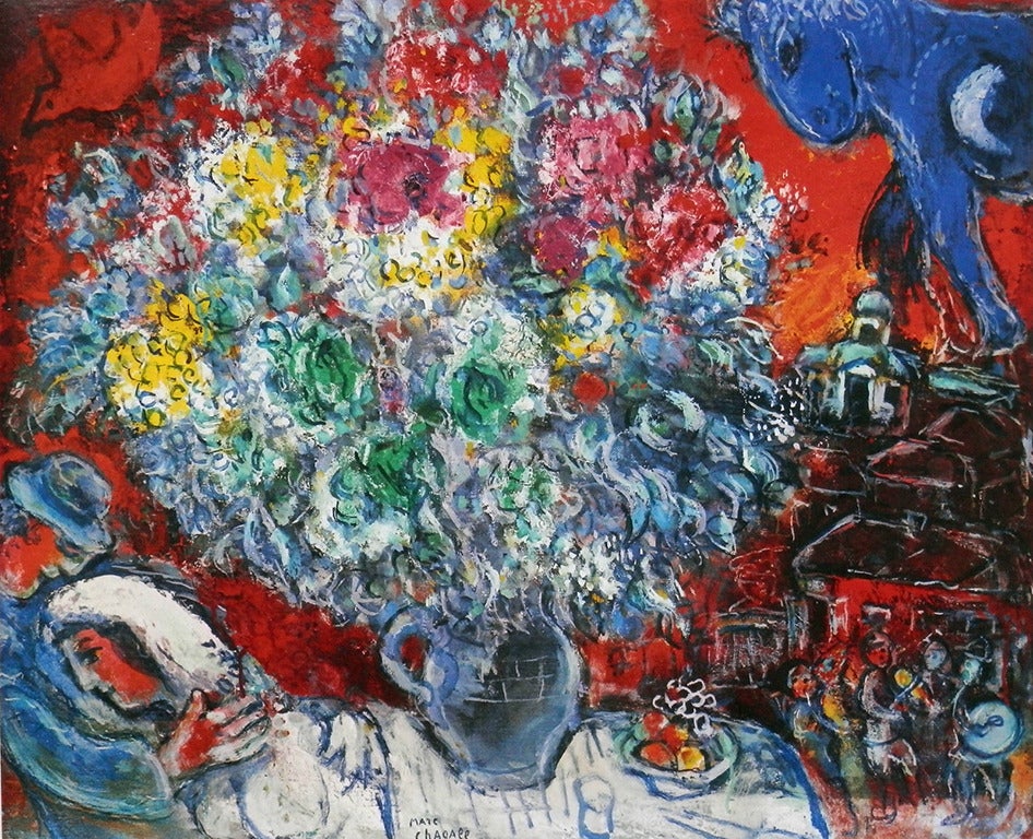 Bouquet de Fleurs et Amants after the painting - Print by Marc Chagall