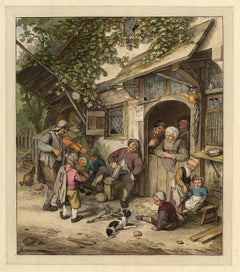 Antique Untitled - A Violin player plays the crowd near the entrance of an inn.