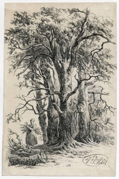 Untitled - Group of trees with a woman gathering firewood.