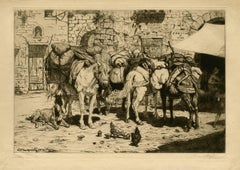 Set of 5, untitled - Pack animals on a market square.