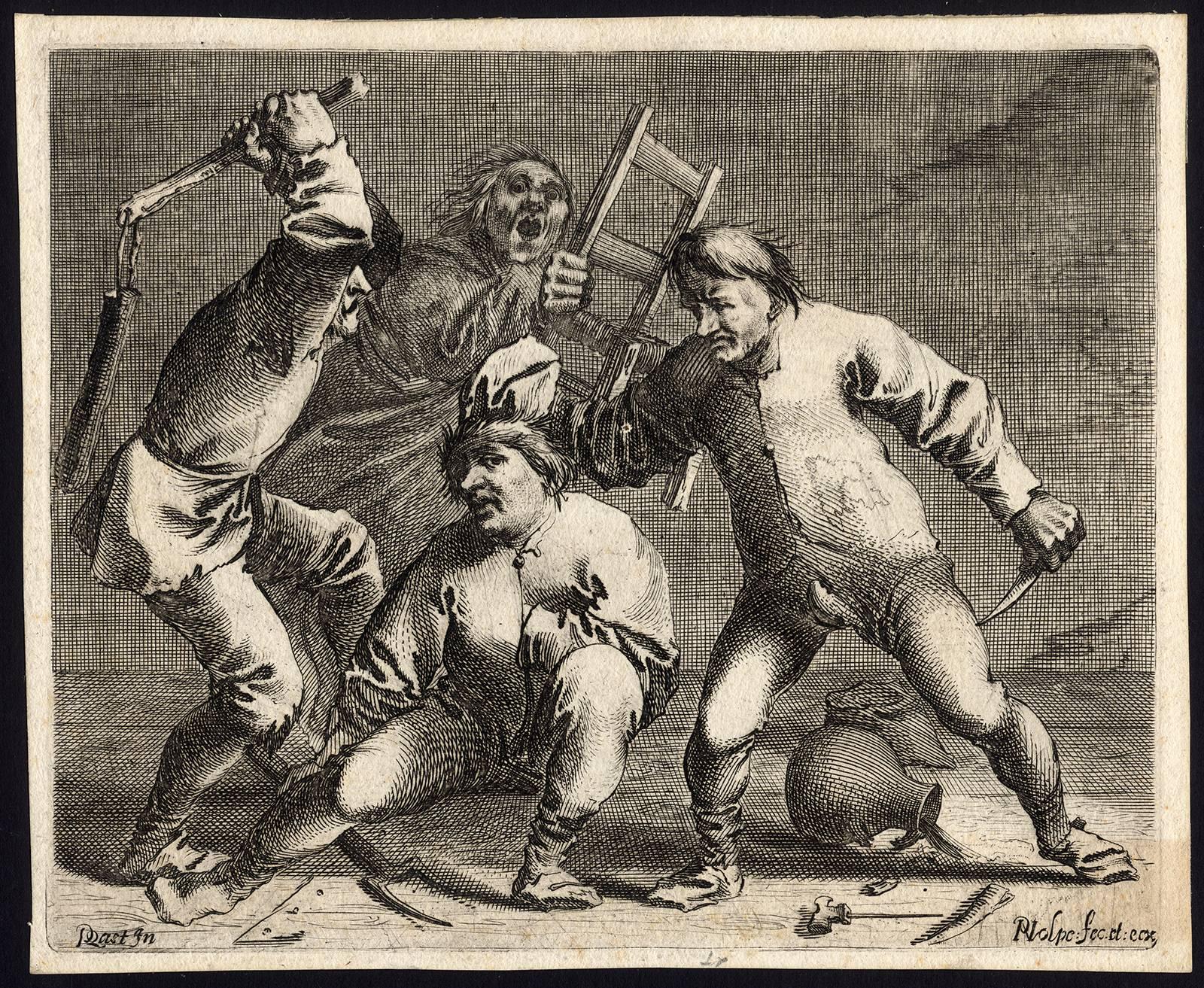 Pieter Jansz Quast Figurative Print -  Untitled - Fighting peasants in an inn.