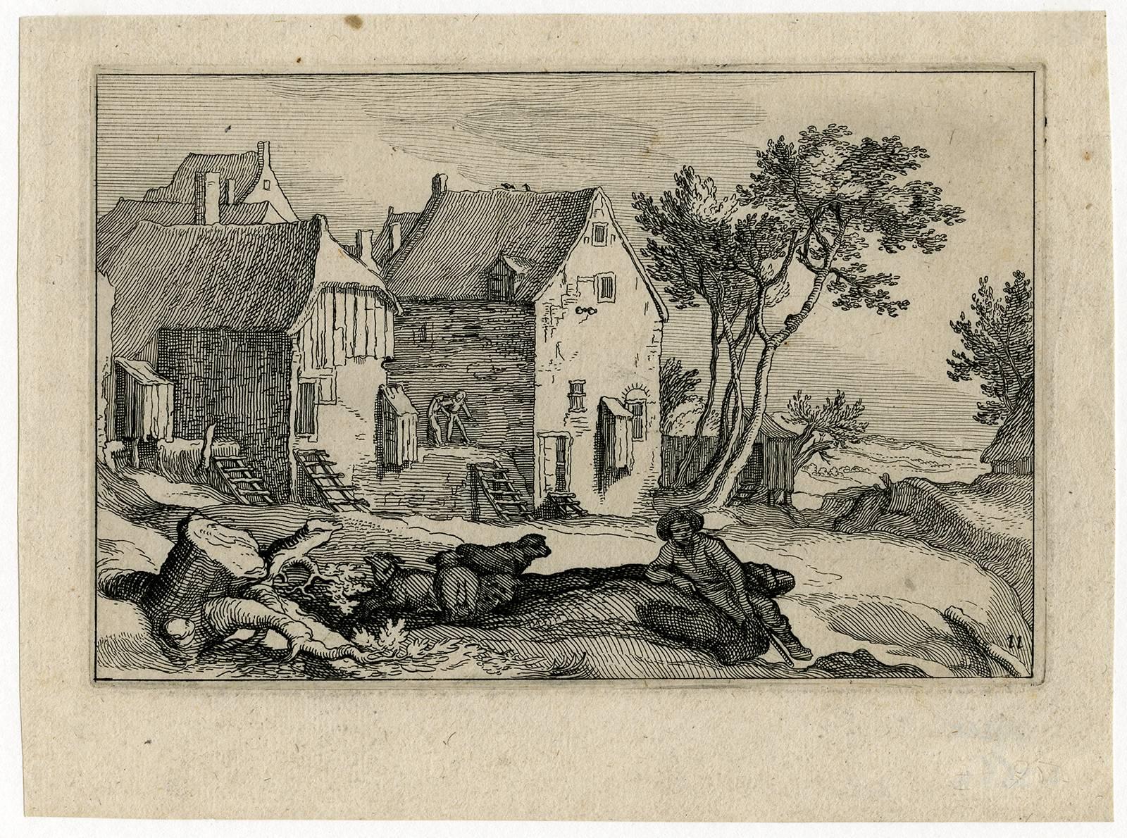 Abraham Bloemaert Landscape Print - Untitled - Landscape with a resting shepherd and farms in the background.