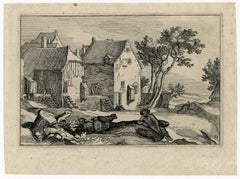 Antique Untitled - Landscape with a resting shepherd and farms in the background.