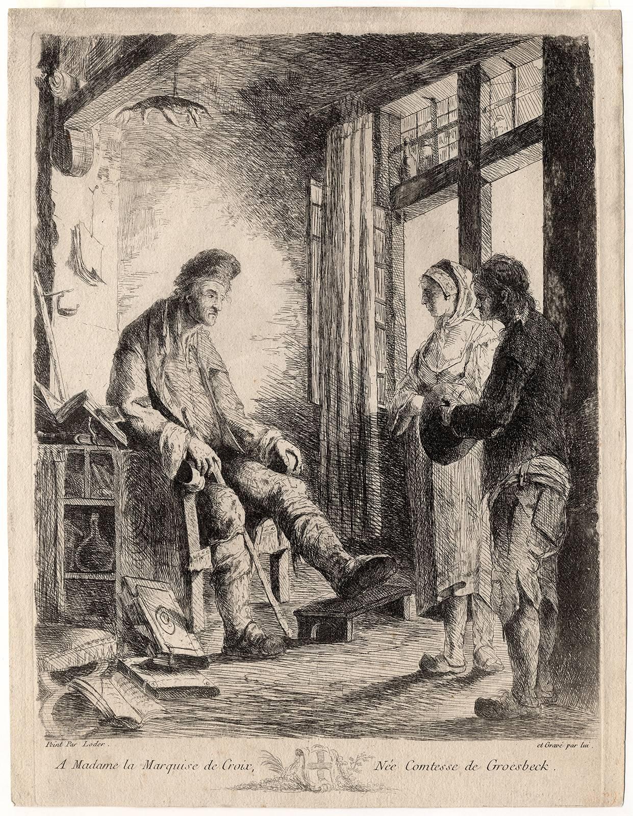 Adolphe Loder Figurative Print - Untitled - A couple in the shop of a doctor.