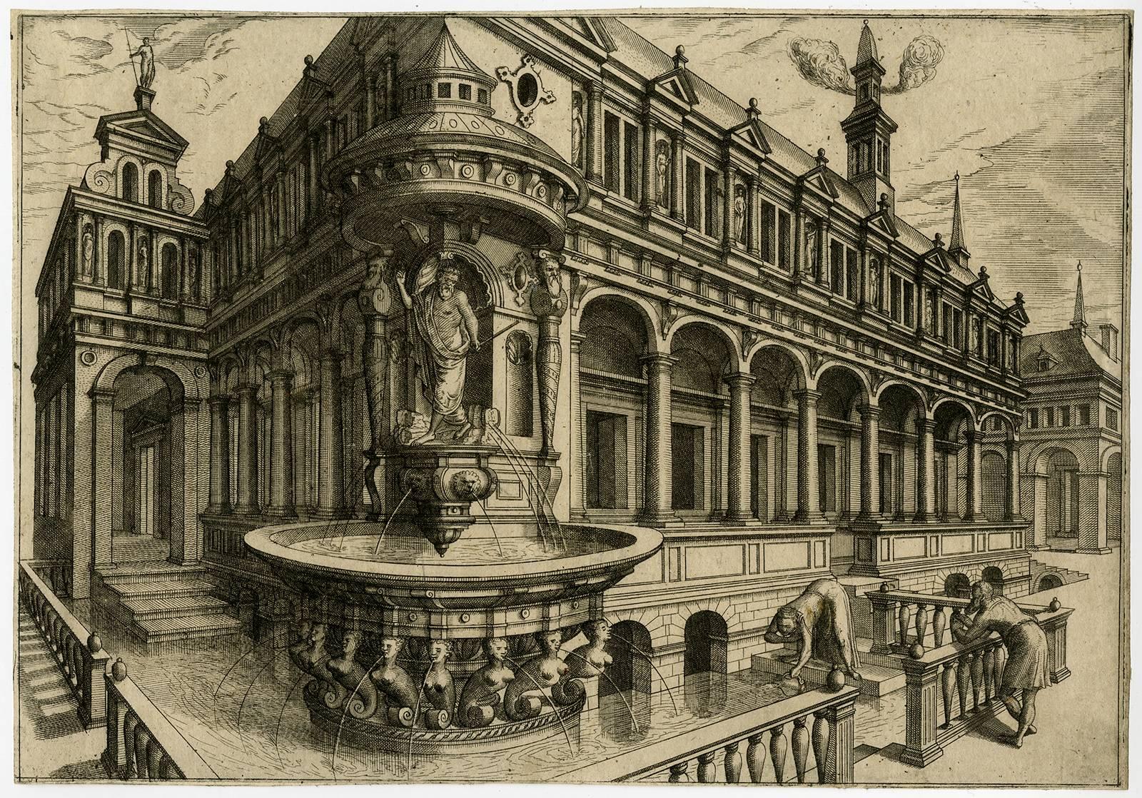 Johannes van Doetecum Figurative Print - Untitled - A fountain at the corner of a building.