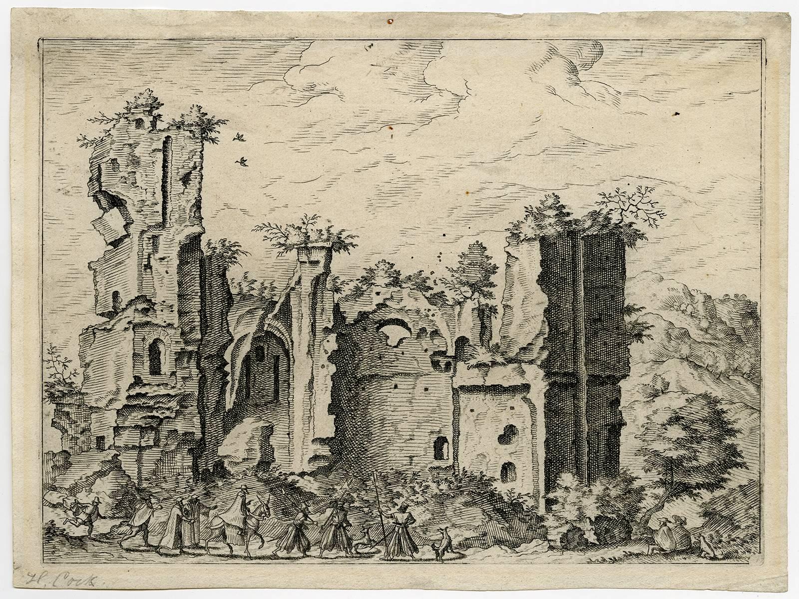 Johannes van Doetecum Landscape Print - Untitled - Ruins, perhaps the Baths of Caracalla.