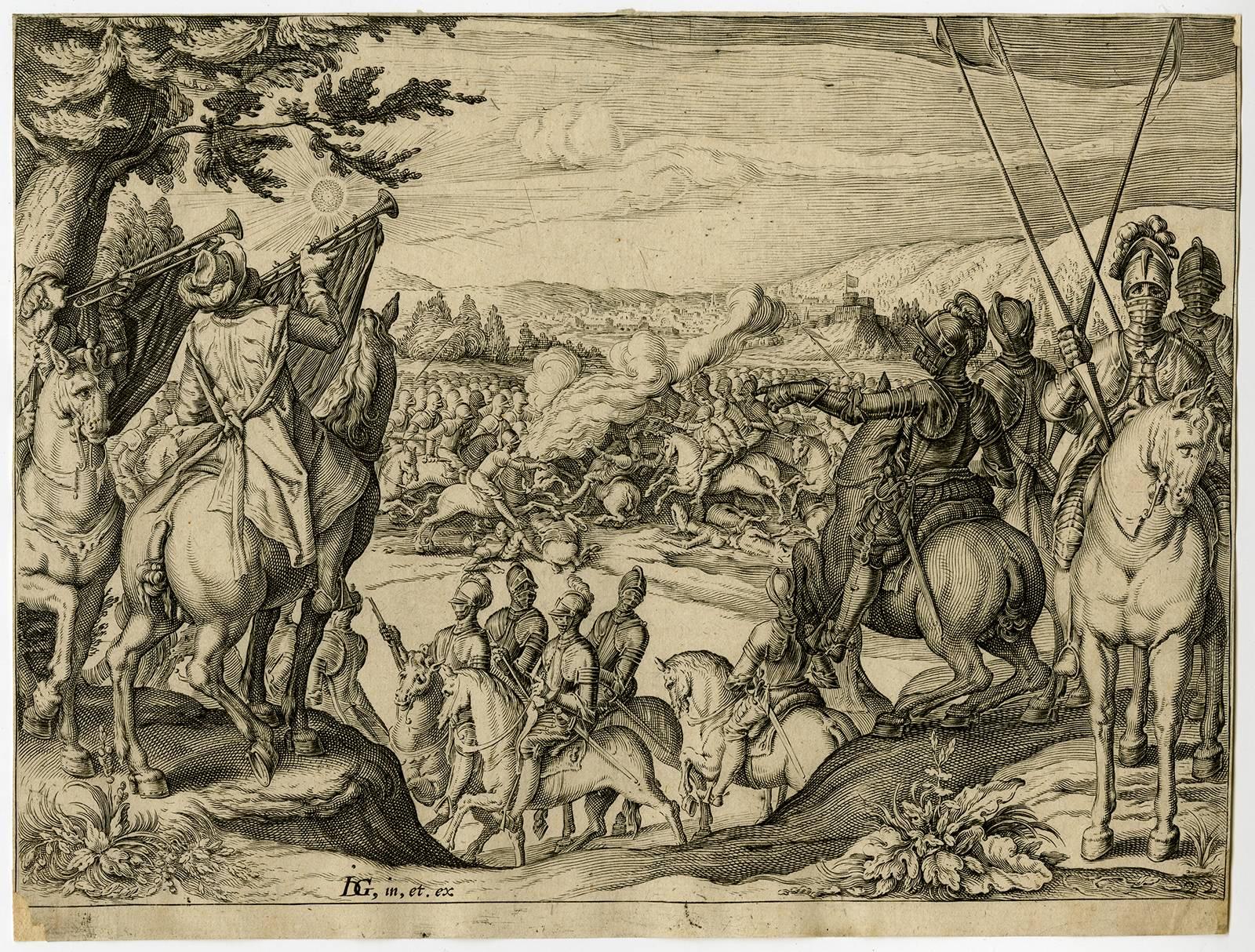 Jacob de Gheyn II Figurative Print - Untitled. A battlefield with horses and riders.