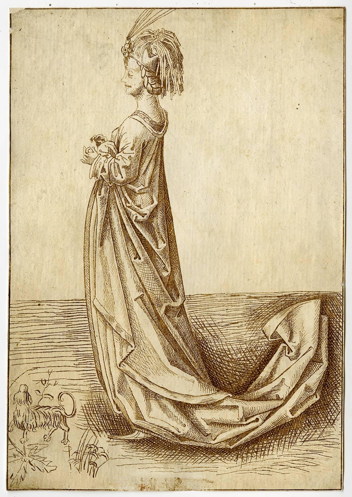 Maria Katharina Prestel Portrait Print - Untitled - A lady in a long dress and elaborate headdress with a dog.