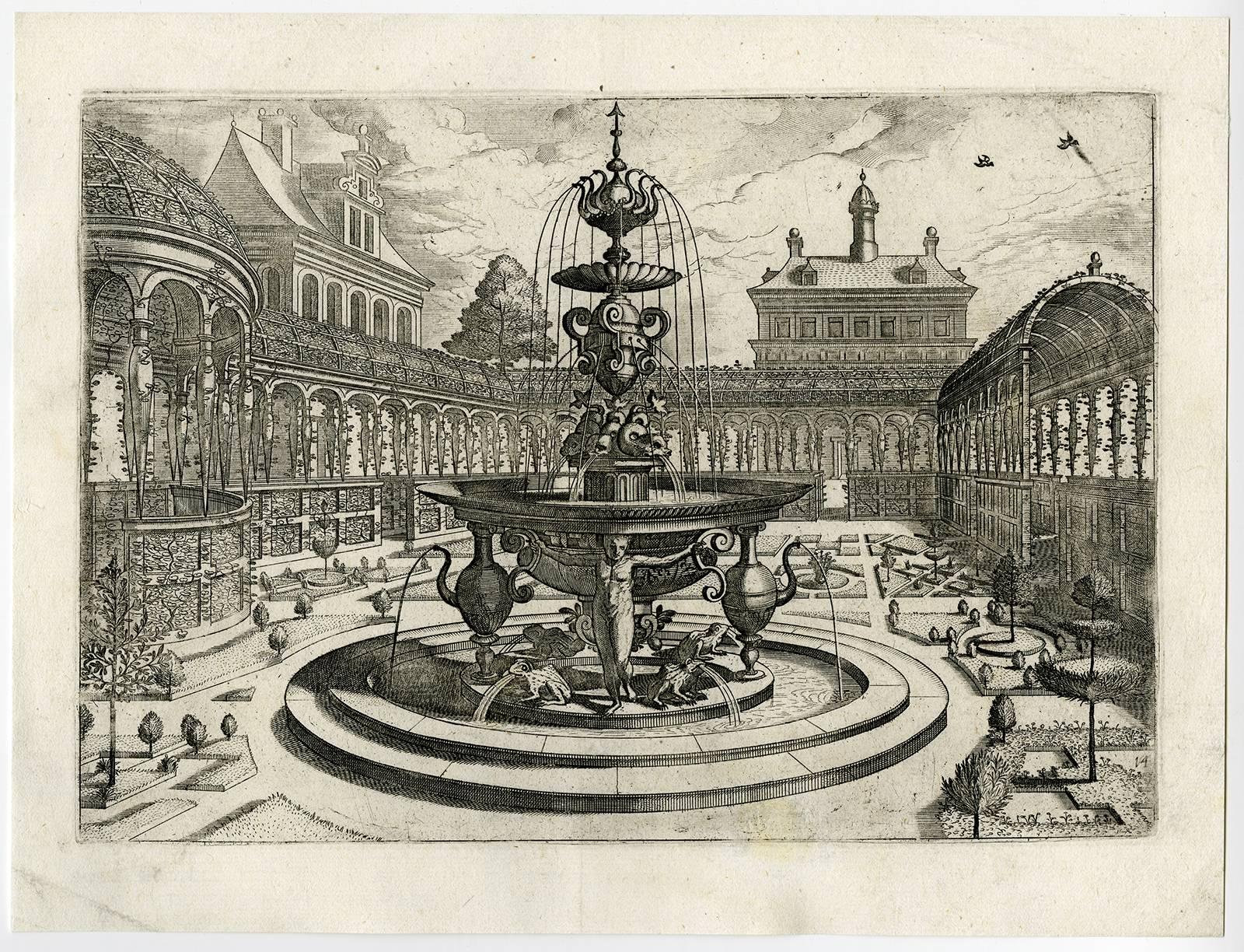 Johannes van Doetecum Interior Print - Untitled - Fountain in a garden.